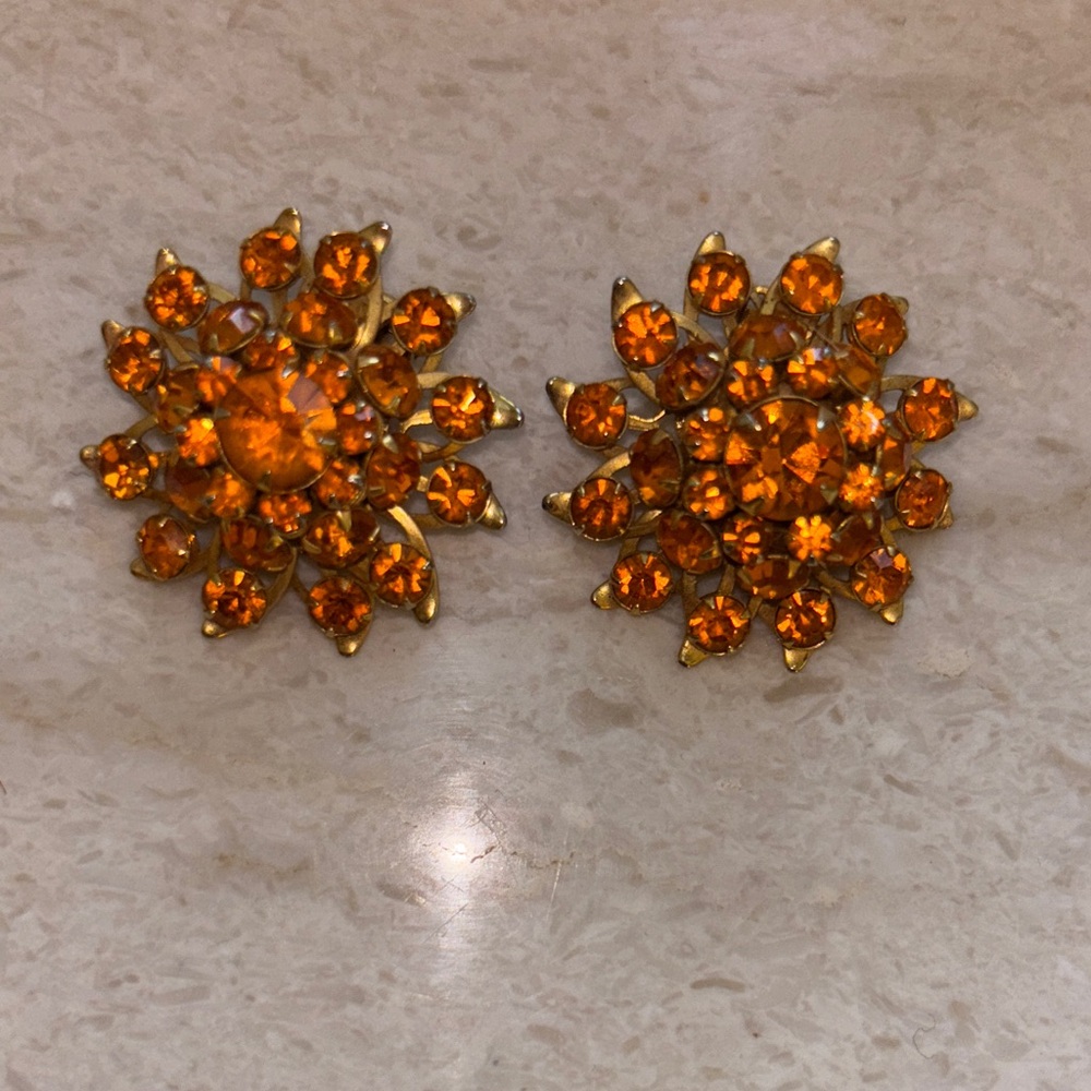 Vintage Judy Lee Gold Orange Rhinestone Floral Clip Earrings Starburst ART DECO